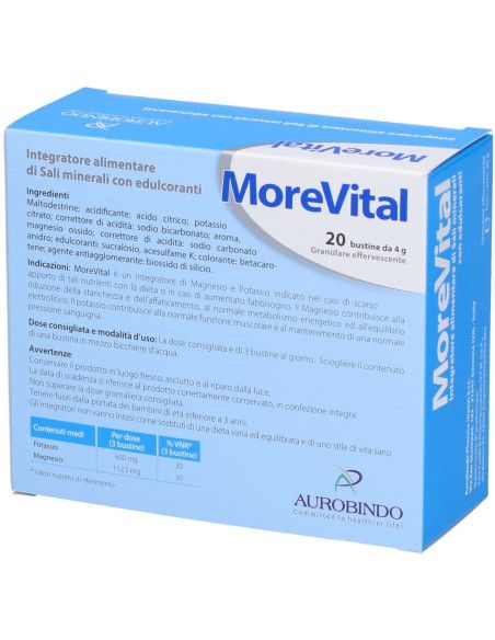 Morevital integratore alimentare di magnesio e potassio 20 bustine 4g Morevital integratore alimentare di magnesio e potassio 20 bustine 4g