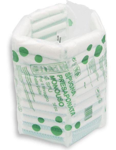 Spugna presaponata monouso in schiuma poliuretano 50pz Spugna presaponata monouso in schiuma poliuretano 50pz