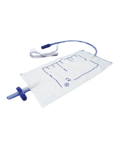 Sacca urina da gamba monouso con valvola anti reflusso e scarico a T,  750 ml  cf 10 pz