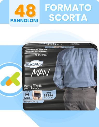 Serenity Man Pants Black Plus | Slip Assorbenti | Incontinenza Maschile | 12 Pezzi