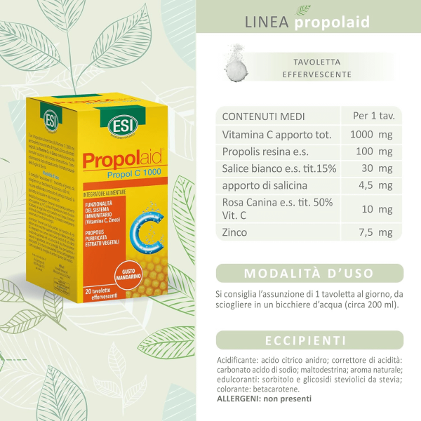 ESI Propolaid Propol C 1000 | Integratore Propoli Vitamina C per Sistema Immunitario | 20 Tavolette Effervescenti