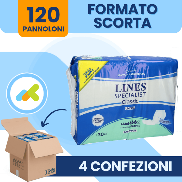 Lines Specialist Classic Sagomati Super | Pannoloni Assorbenti | Incontinenza Media E Alta | 30 Pezzi