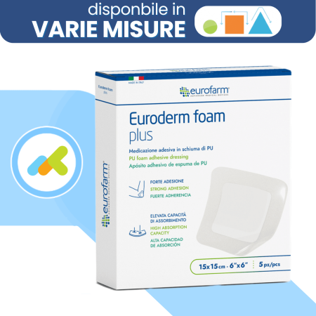 Euroderm Foam Plus  Medicazione Adesiva in Schiuma di Poliuretano  Impermeabile ai Liquidi e Batteri
