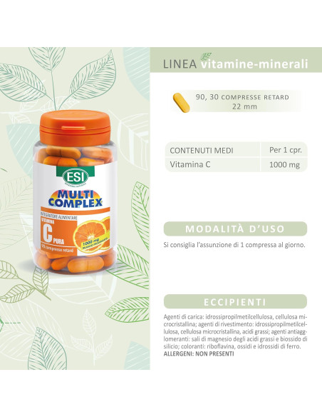 Esi Vitamina C Pura Retard | Integratore di Vitamina C Concentrata | 2 Flaconi | 30 + 30 compresse